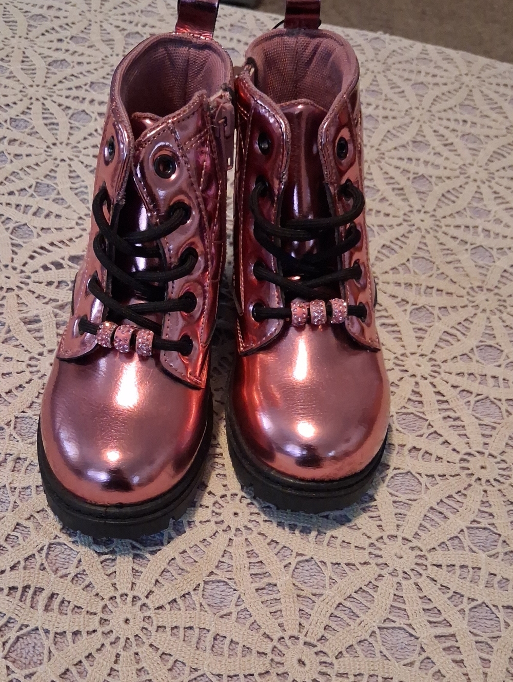 Girls Metallic Rose Pink Lace-Up Ankle Boots with Sparkle Bead Detail